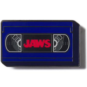 VHS tape with 'JAWS' logo on a white background